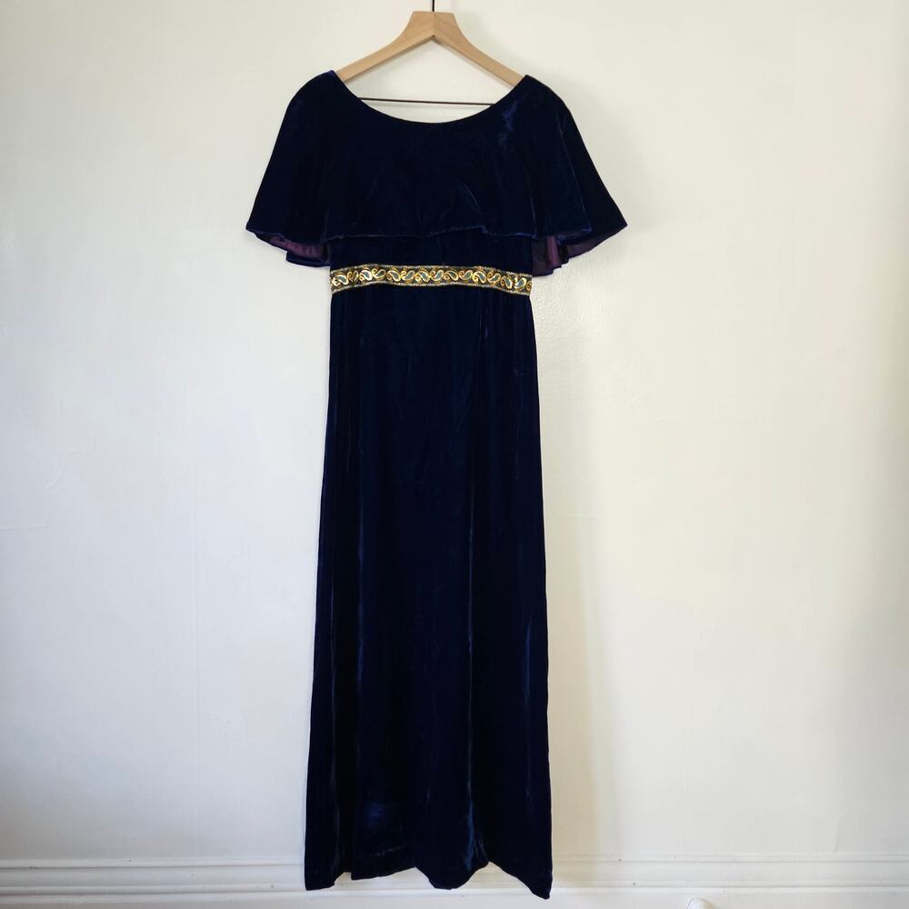 Vintage 60s 70s Blue Velvet Cape Sleeve Maxi Dress Ribbon Back Sz 7 2/4 Costume - Picture 4 of 10